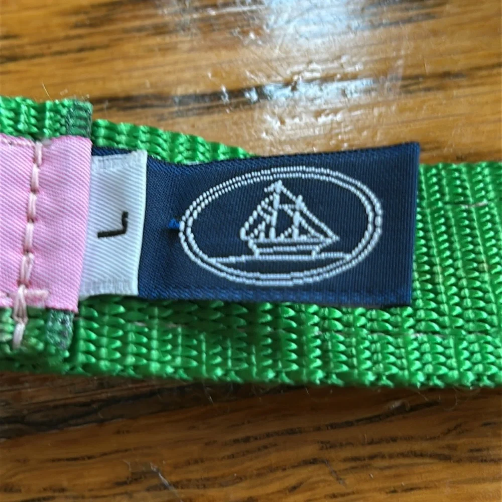Leather Man webbing belt, green with pink ribbon, palm trees.  Size Large.